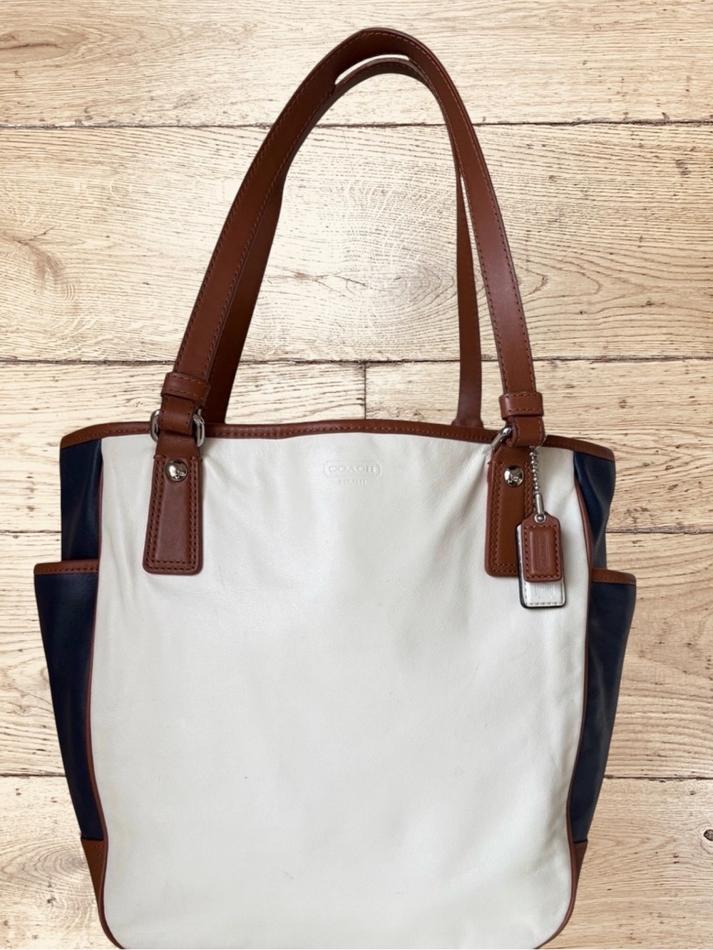 Coach Legacy Park Leather Tote #A1376-F23683 White, Brown & Navy Leather